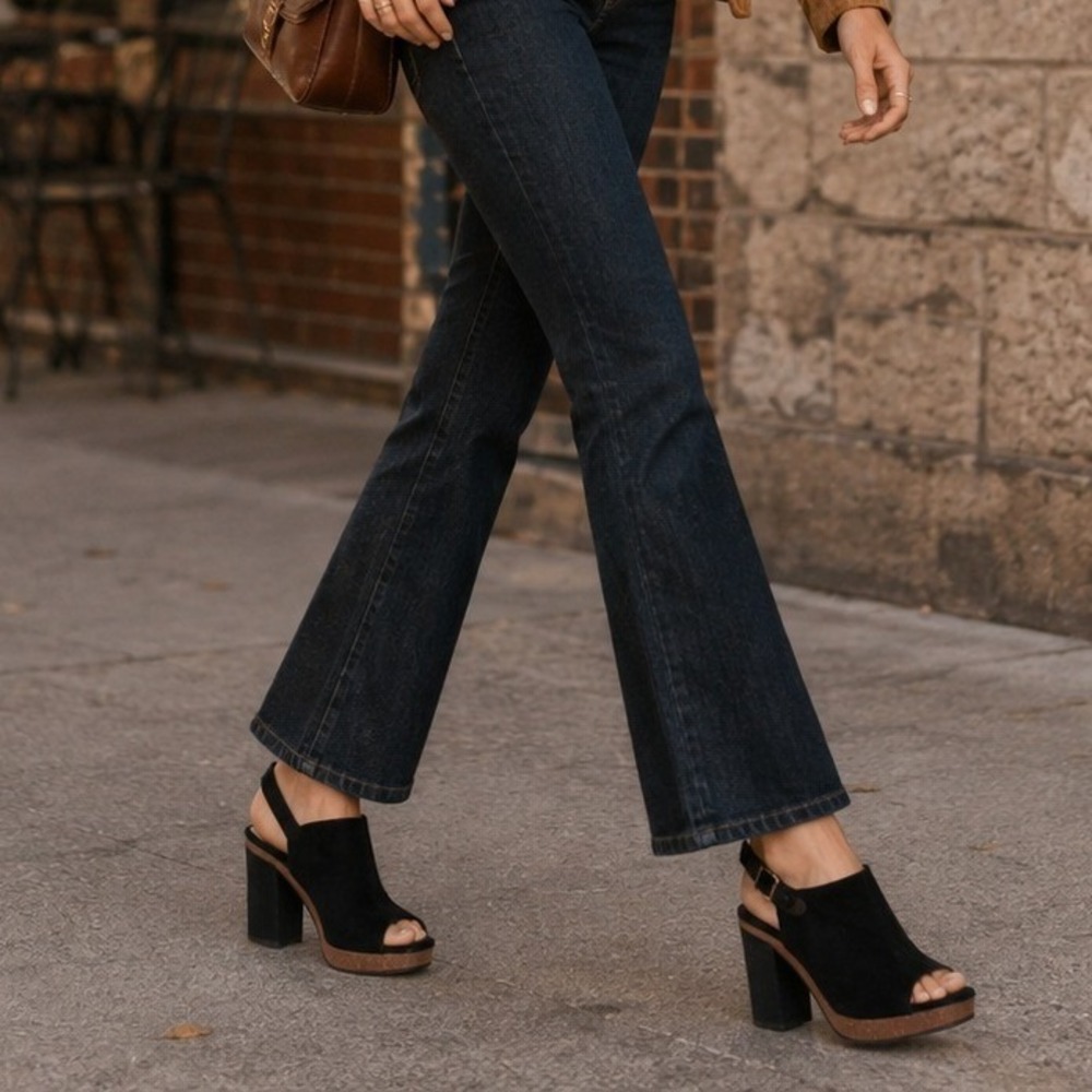 Anthropologie Apepazza Parma Black Suede Slingback Peep Toe Heels Size 7.5